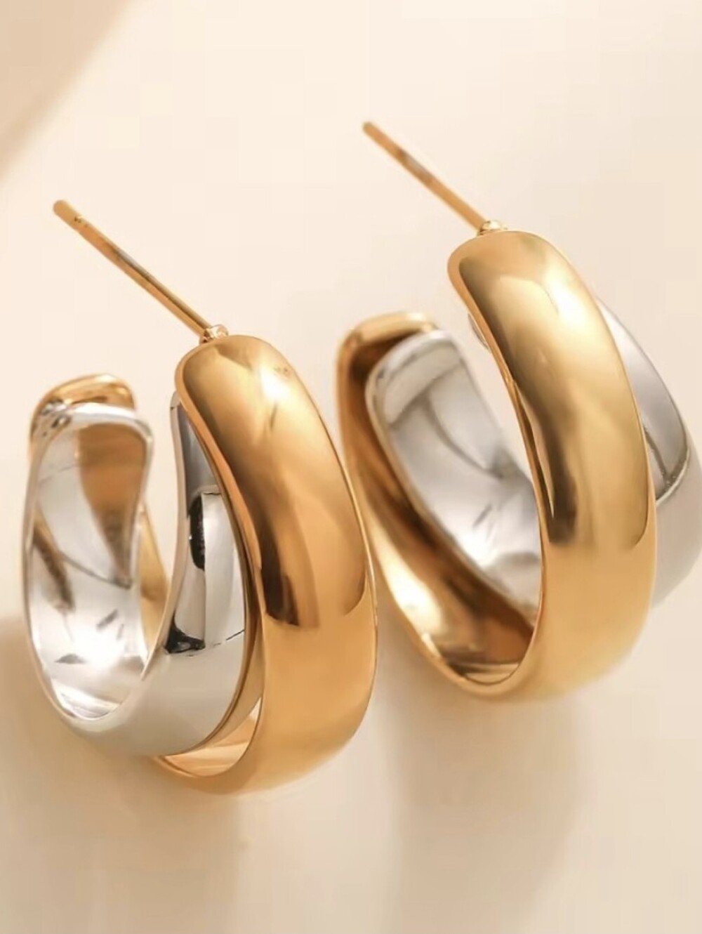 New! Gold and Silver Two-Tone Chunky Hoop Earrings • Gold Plated • NWOT #1080B